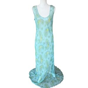 Hartnell Silk Turquoise Paisley Chiffon‎ Maxi Dress Sleeveless Green Blue SM